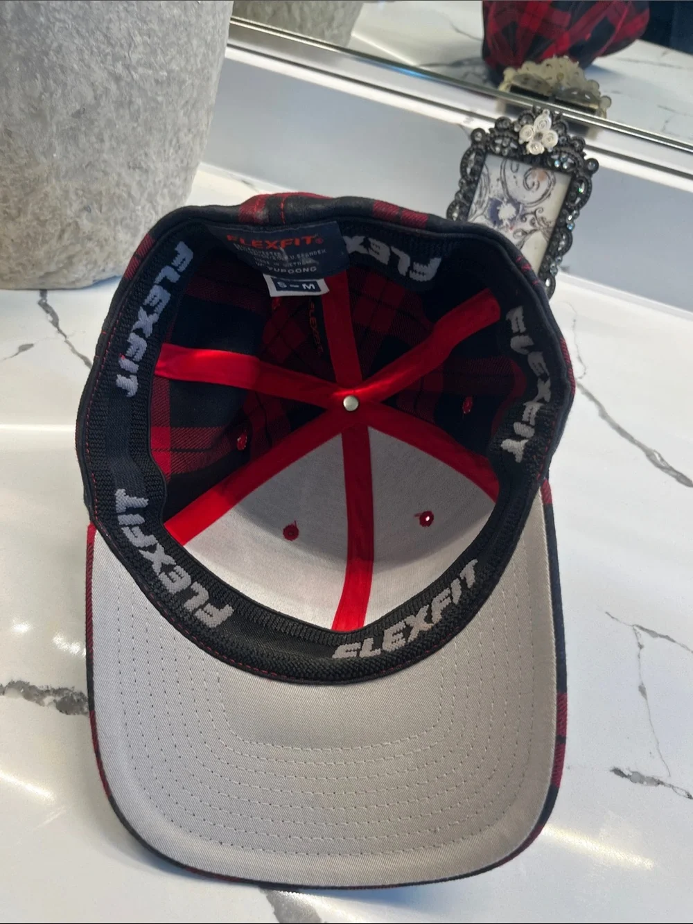 Red Plaid Baseball Cap with Gold Deer Emblem